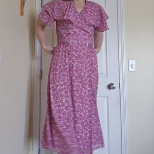 Vintage MS Chaus Floral Ruffle Pink Wrap Dress Medium Large